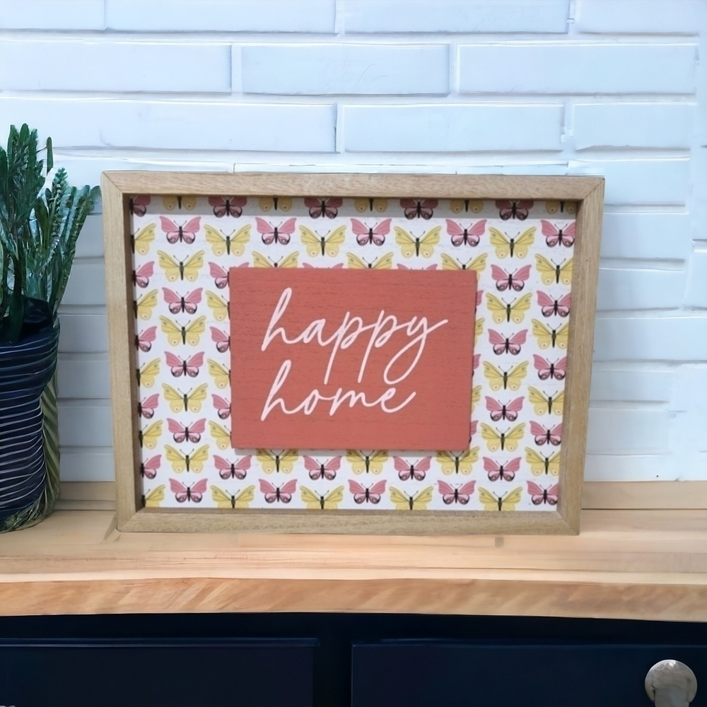Rustic Painted Wooden Butterfly "Happy Home" 9×12" Wall Decor Gallery Sign